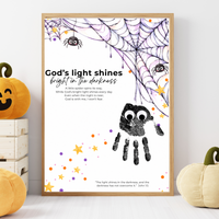 Christian Halloween Handprint Craft for Kids | God’s Light Shines Bright | Spider Bible Verse John 1:5 Printable
