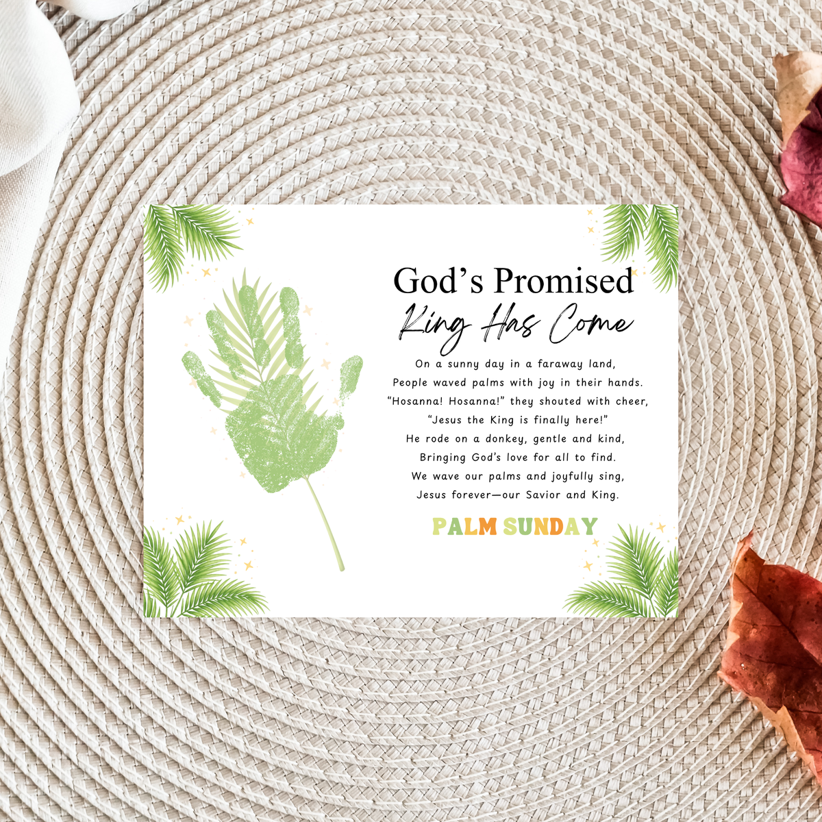 Palm Sunday Poem Handprint Craft Printable | “God’s Promised King Has Come” Christian Kids Activity | Easter Faith-Based Keepsake PDF