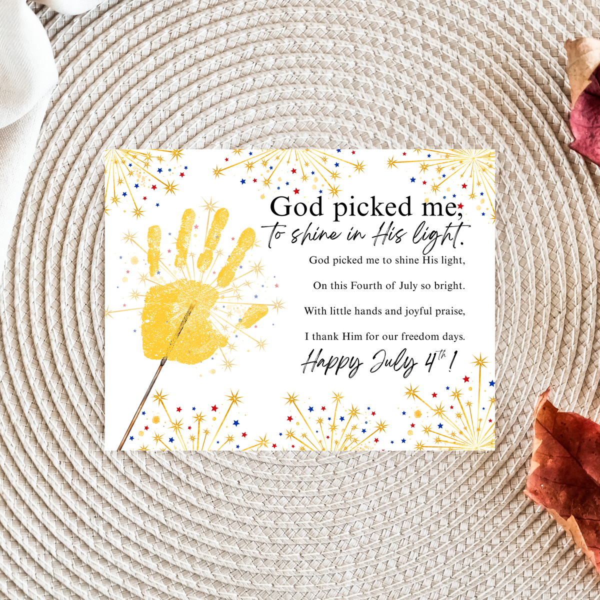 Christian July 4th Handprint Craft Printable | God Picked Me to Shine His Light | Patriotic Kids Keepsake Activity