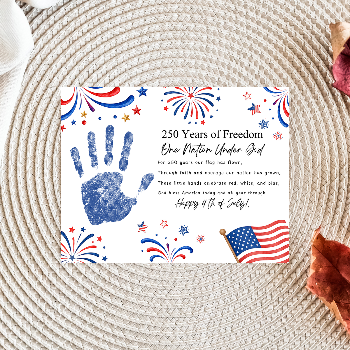 Christian July 4th Poem Handprint Craft Printable, 250 Years of Freedom, One Nation Under God, Patriotic Keepsake Activity for Kids