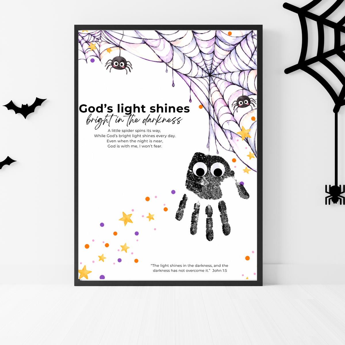 Christian Halloween Handprint Craft for Kids | God’s Light Shines Bright | Spider Bible Verse John 1:5 Printable