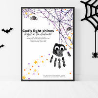Christian Halloween Handprint Craft for Kids | God’s Light Shines Bright | Spider Bible Verse John 1:5 Printable