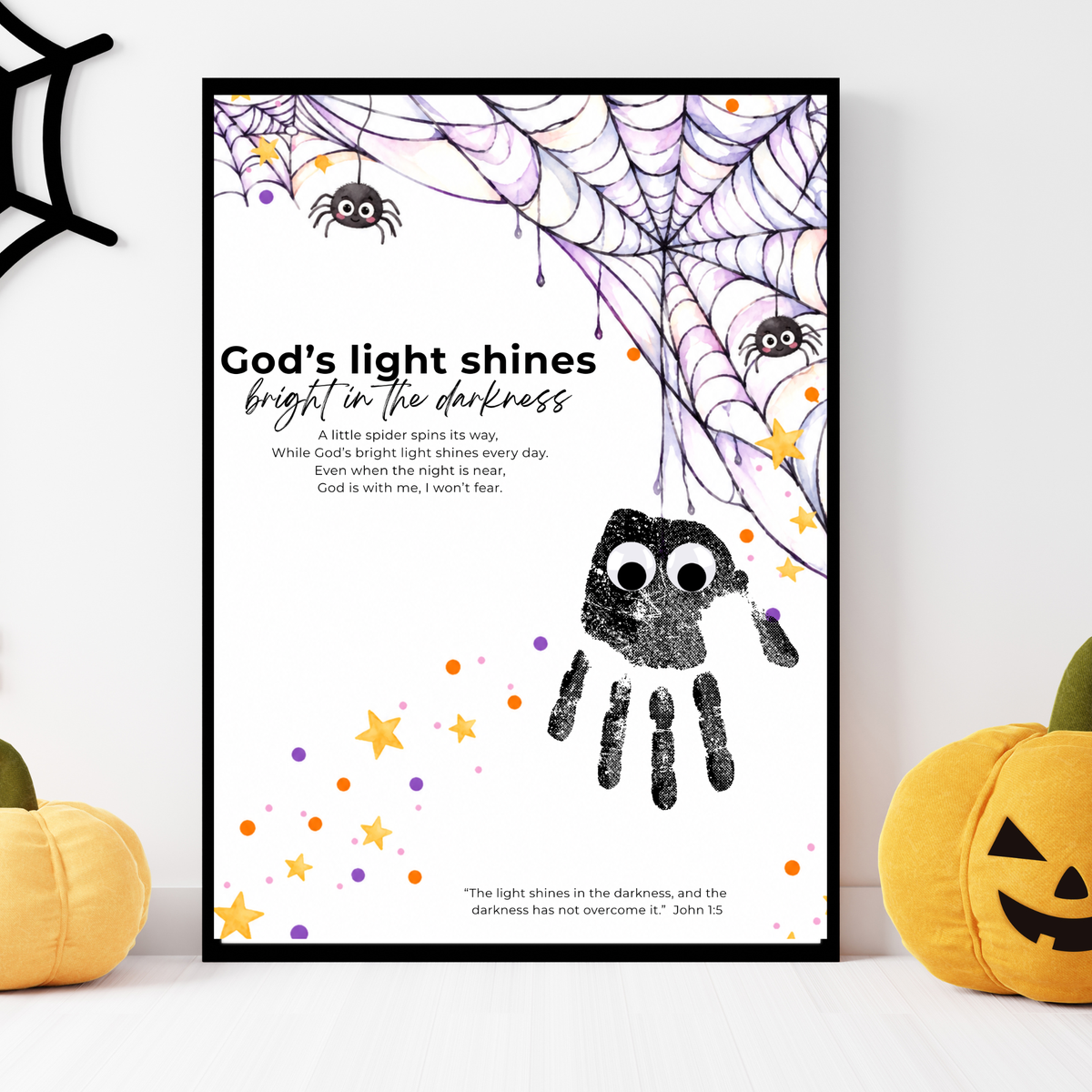 Christian Halloween Handprint Craft for Kids | God’s Light Shines Bright | Spider Bible Verse John 1:5 Printable