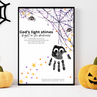 Christian Halloween Handprint Craft for Kids | God’s Light Shines Bright | Spider Bible Verse John 1:5 Printable
