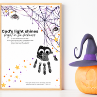 Christian Halloween Handprint Craft for Kids | God’s Light Shines Bright | Spider Bible Verse John 1:5 Printable