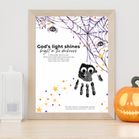 Christian Halloween Handprint Craft for Kids | God’s Light Shines Bright | Spider Bible Verse John 1:5 Printable