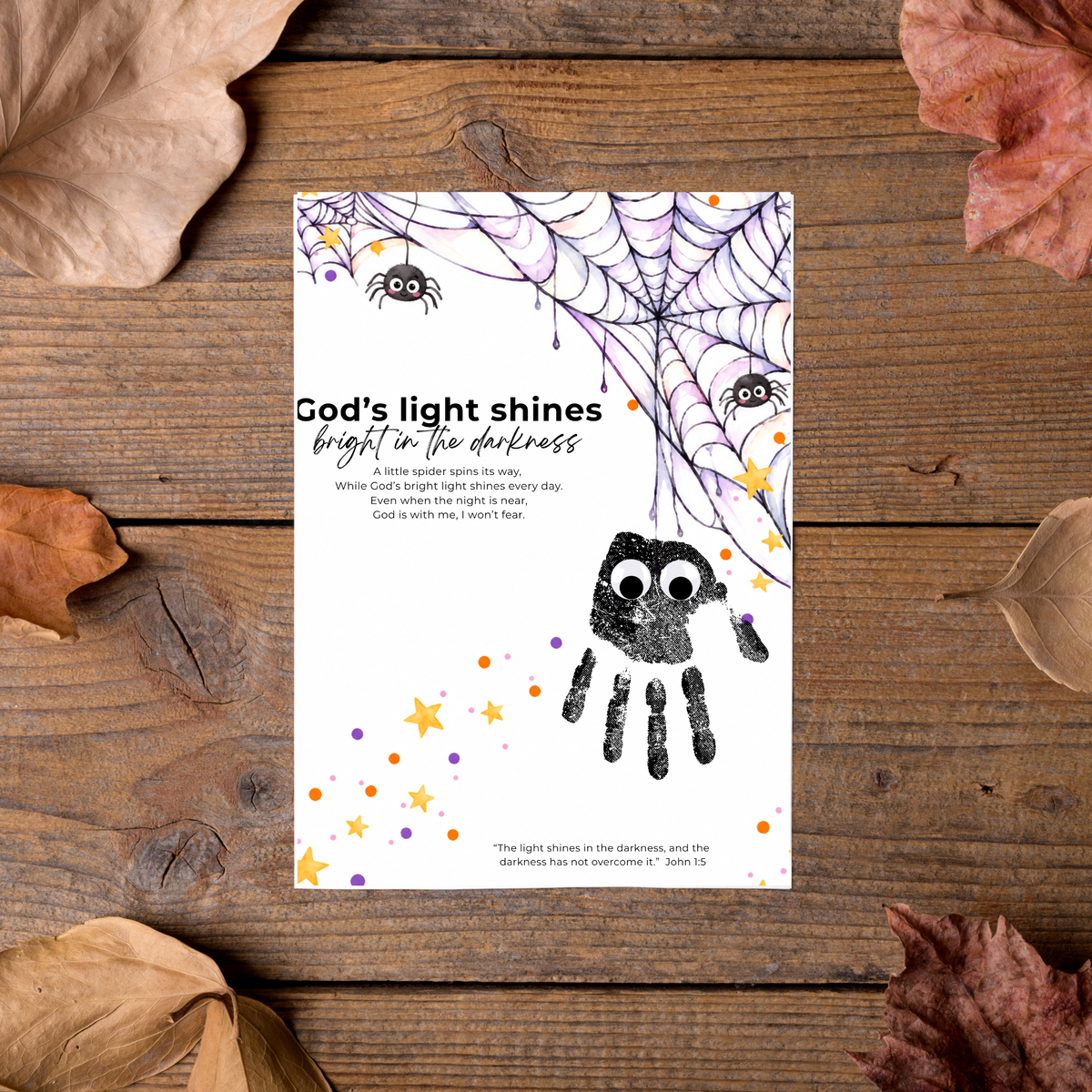 Christian Halloween Handprint Craft for Kids | God’s Light Shines Bright | Spider Bible Verse John 1:5 Printable