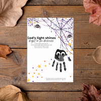 Christian Halloween Handprint Craft for Kids | God’s Light Shines Bright | Spider Bible Verse John 1:5 Printable