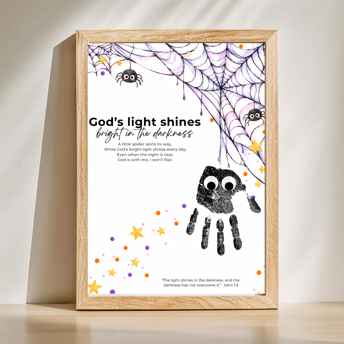 Christian Halloween Handprint Craft for Kids | God’s Light Shines Bright | Spider Bible Verse John 1:5 Printable