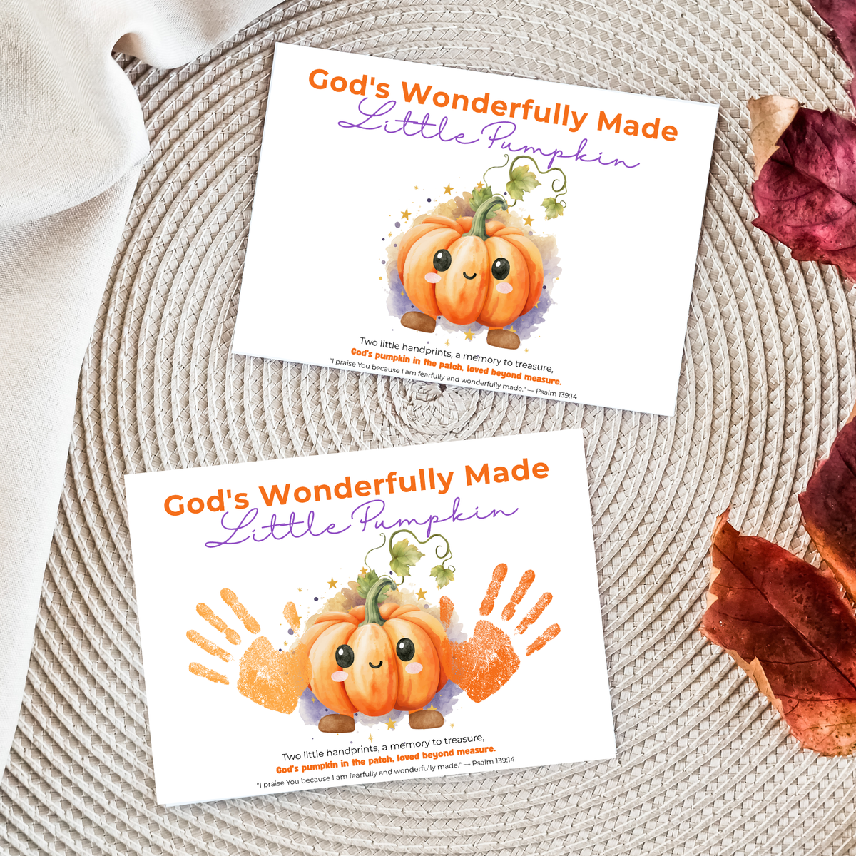 Christian Pumpkin Handprint Craft Printable | God's Wonderfully Made Little Pumpkin | Psalm 139:14 Fall Bible Keepsake for Kids
