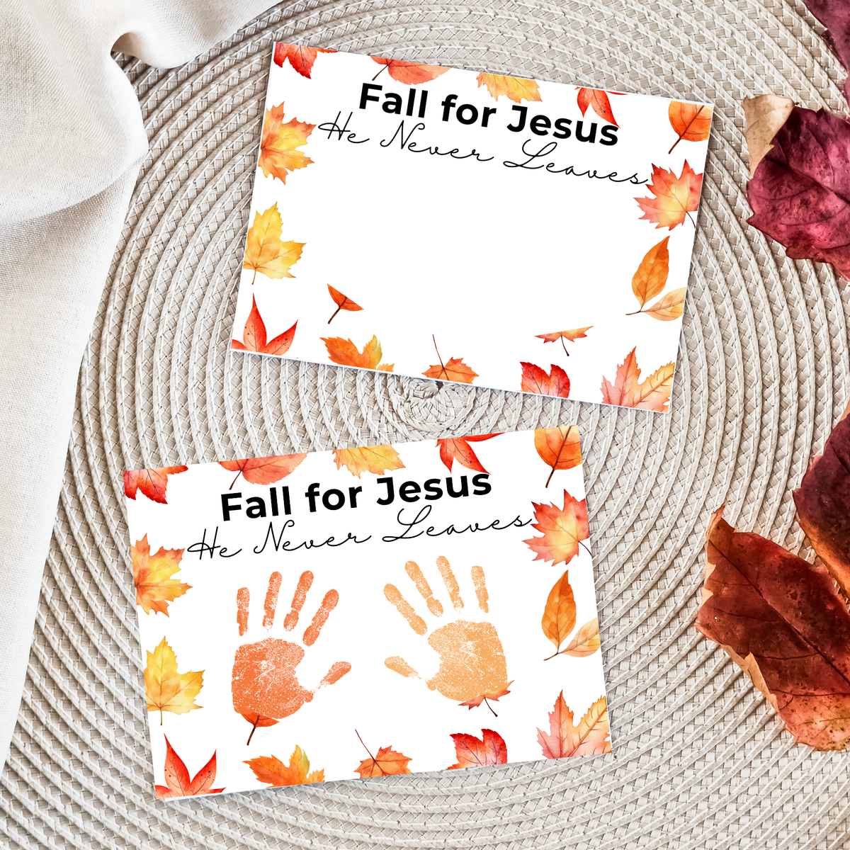 Christian Fall Handprint Craft Printable | Fall for Jesus He Never Leaves | Autumn Bible Keepsake Activity for Kids