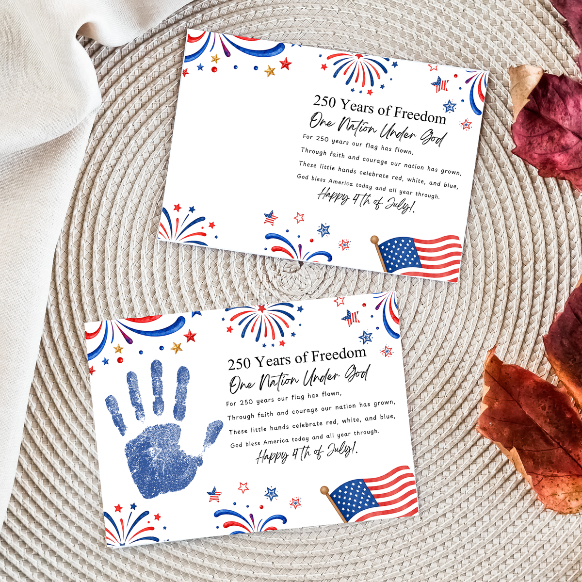 Christian July 4th Poem Handprint Craft Printable, 250 Years of Freedom, One Nation Under God, Patriotic Keepsake Activity for Kids