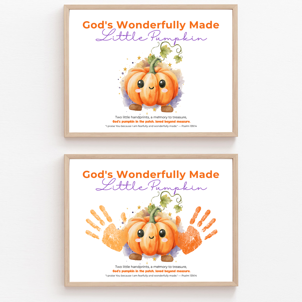 Christian Pumpkin Handprint Craft Printable | God's Wonderfully Made Little Pumpkin | Psalm 139:14 Fall Bible Keepsake for Kids