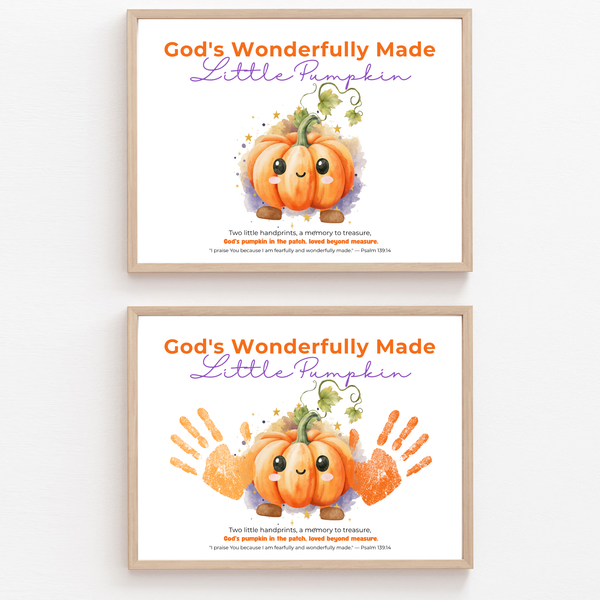 Christian Pumpkin Handprint Craft Printable | God's Wonderfully Made Little Pumpkin | Psalm 139:14 Fall Bible Keepsake for Kids