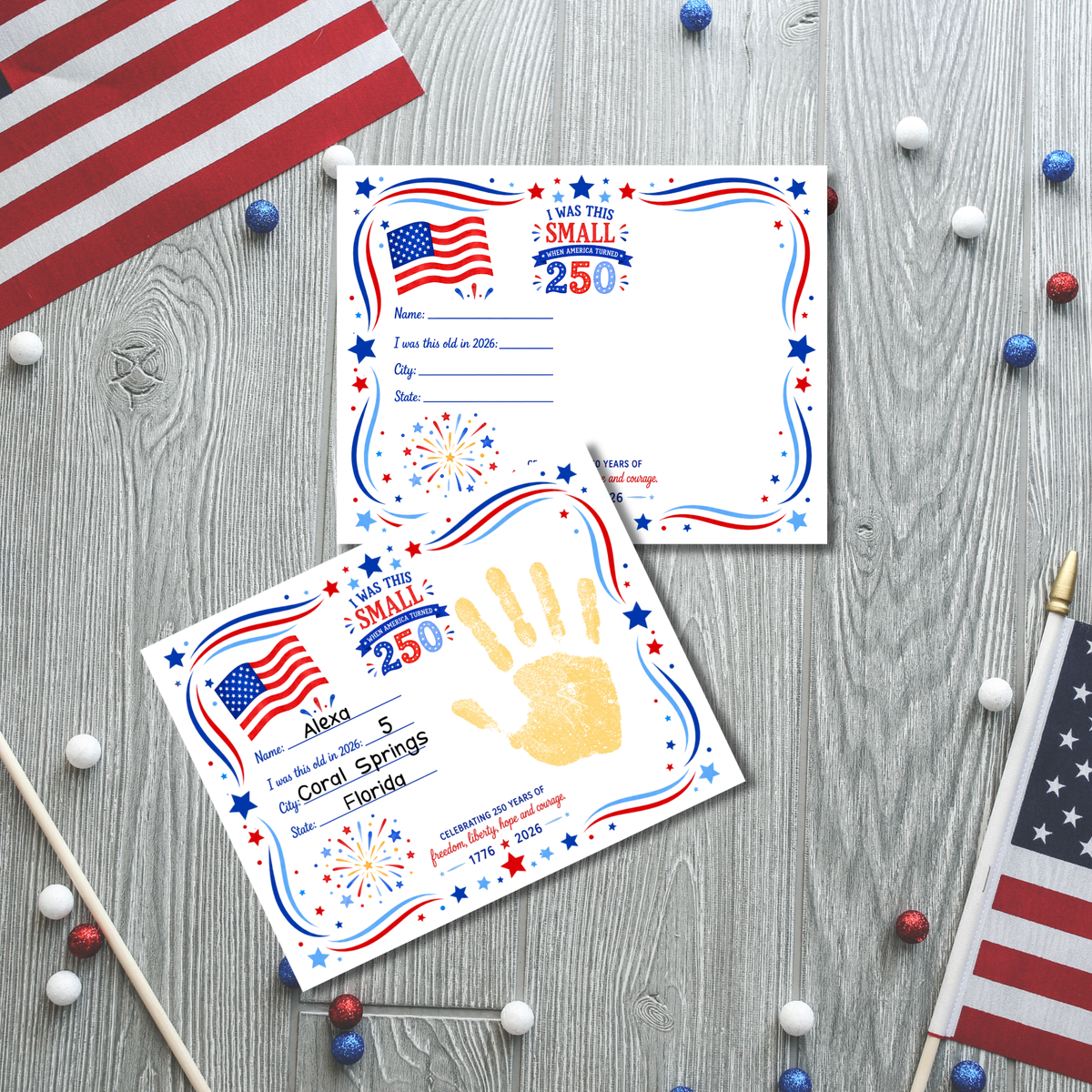 250 Years of Freedom Handprint Craft Printable, Happy Birthday America Keepsake, I Was This Small When America Turned 250, July 4th Activity