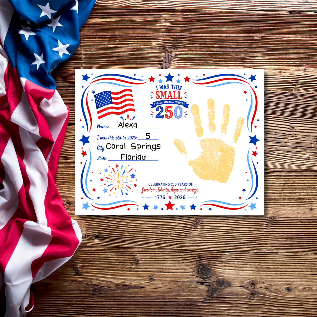 250 Years of Freedom Handprint Craft Printable, Happy Birthday America Keepsake, I Was This Small When America Turned 250, July 4th Activity