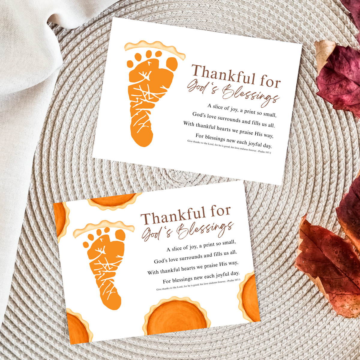 Thankful for God's Blessings Footprint Craft | Christian Thanksgiving Keepsake | Pumpkin Pie Footprint Printable | Psalm 107:1