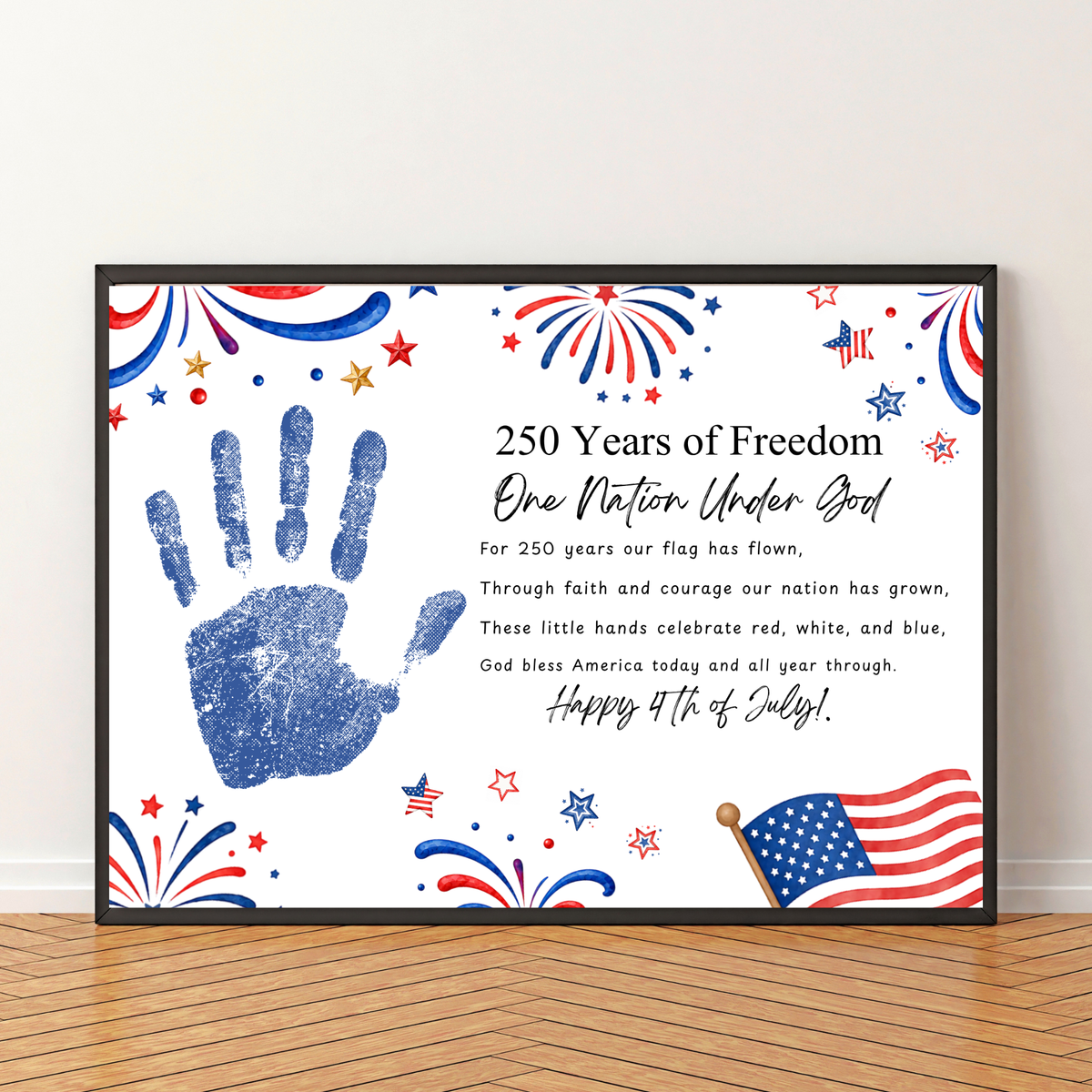 Christian July 4th Poem Handprint Craft Printable, 250 Years of Freedom, One Nation Under God, Patriotic Keepsake Activity for Kids