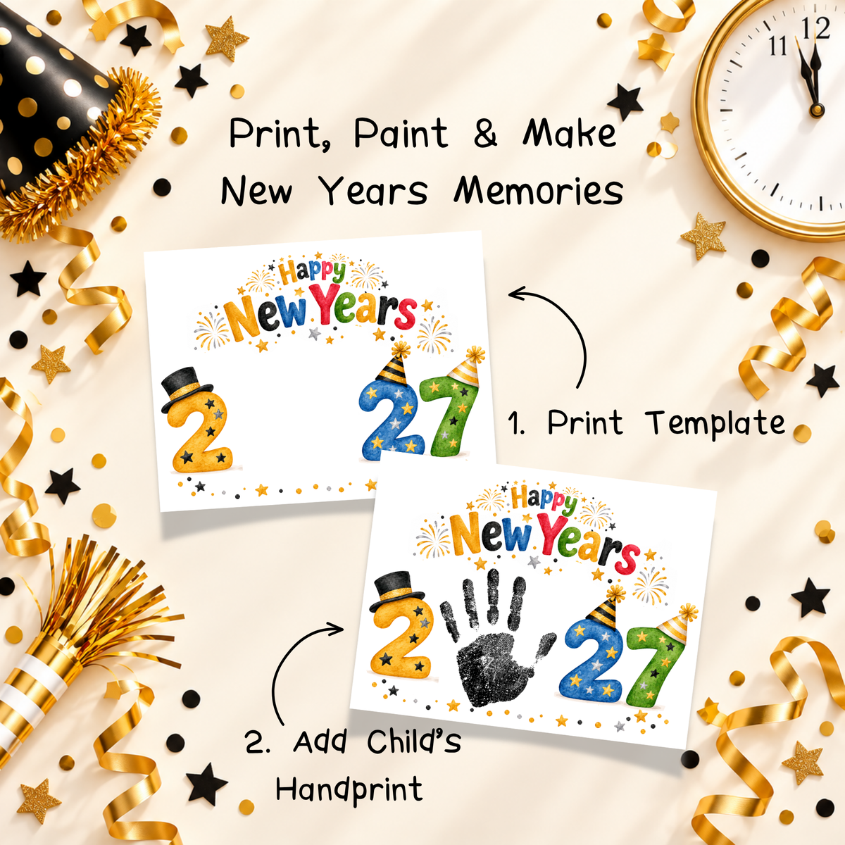 New Year 2027 Handprint Craft & Coloring Page | Happy New Year Keepsake Printable for Kids