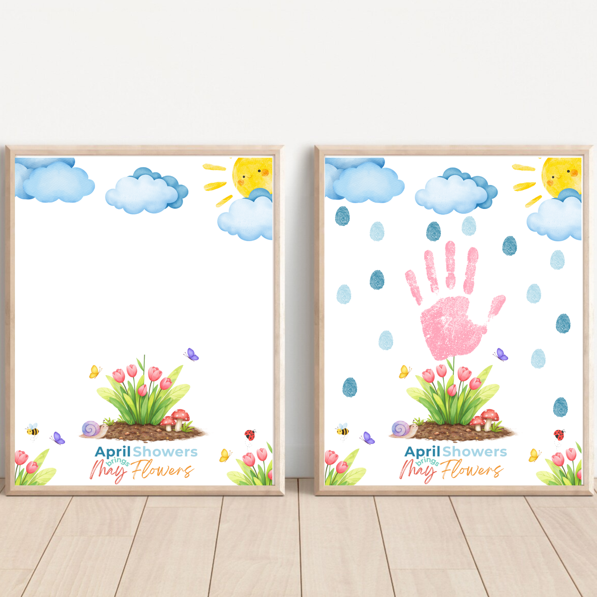 April Showers Bring May Flowers Handprint Craft Printable | Spring Preschool Activity | Fingerprint Raindrop Art | Kids Seasonal Keepsake PDF
