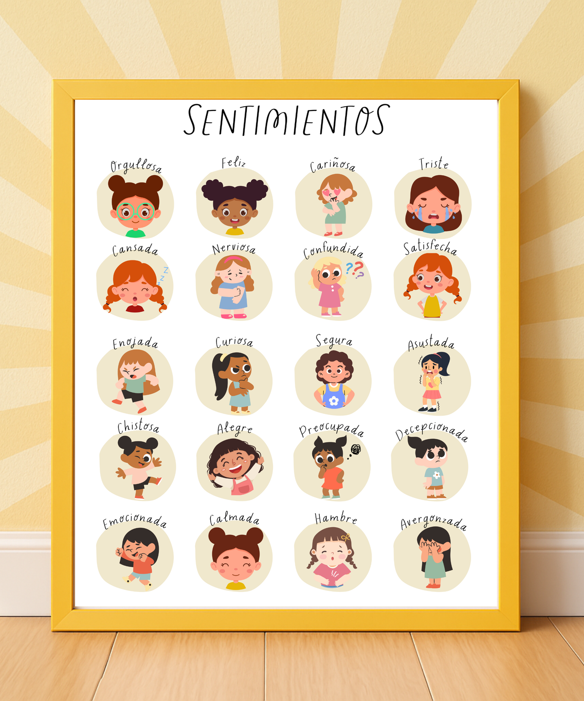 Spanish Feelings Poster (Female) | Emotional Awareness Chart for Kids | Educational Classroom & Home Wall Art