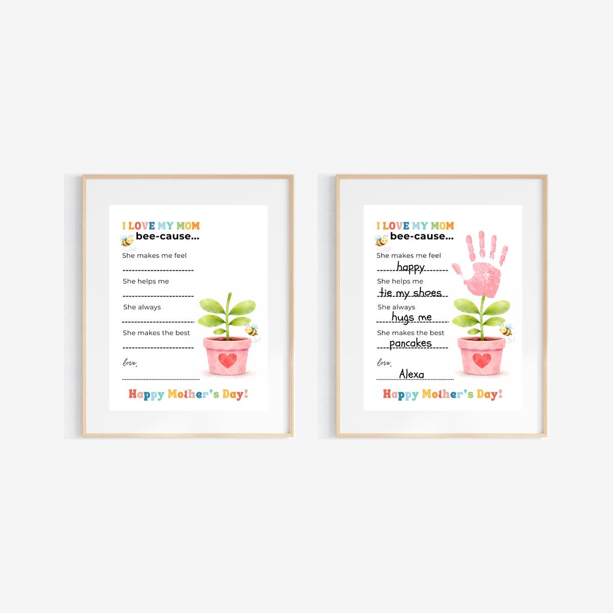 Mother’s Day Handprint Craft Printable | I Love My Mom Bee-cause Fill-in-the-Blank Keepsake | Preschool DIY Mom Gift | Kids Writing Activity PDF