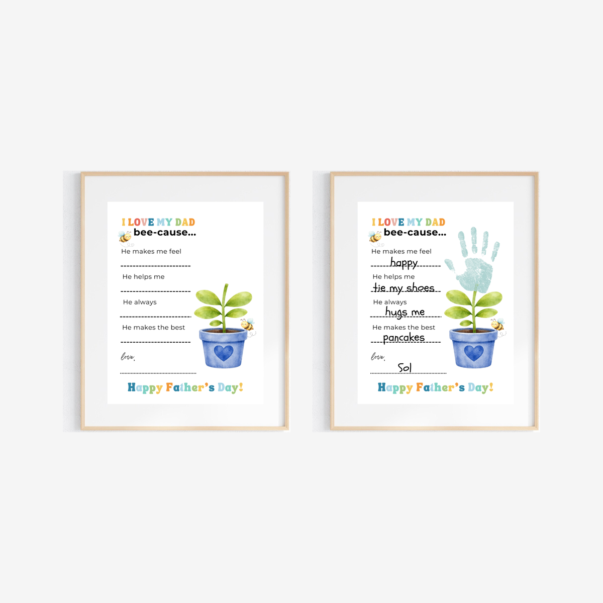 Father’s Day Handprint Craft Printable | I Love My Dad Bee-cause Worksheet | Fill-in-the-Blank Keepsake Gift from Kids | Preschool DIY Art PDF