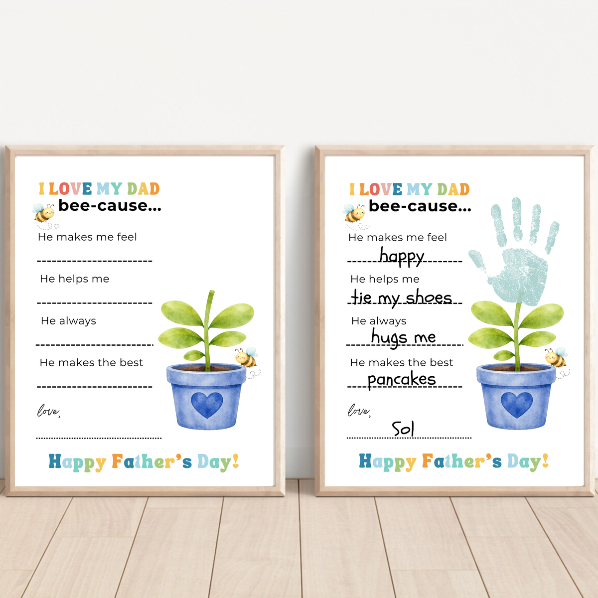 Father’s Day Handprint Craft Printable | I Love My Dad Bee-cause Worksheet | Fill-in-the-Blank Keepsake Gift from Kids | Preschool DIY Art PDF