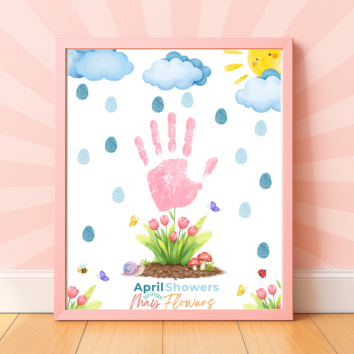 April Showers Bring May Flowers Handprint Craft Printable | Spring Preschool Activity | Fingerprint Raindrop Art | Kids Seasonal Keepsake PDF