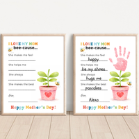 Mother’s Day Handprint Craft Printable | I Love My Mom Bee-cause Fill-in-the-Blank Keepsake | Preschool DIY Mom Gift | Kids Writing Activity PDF