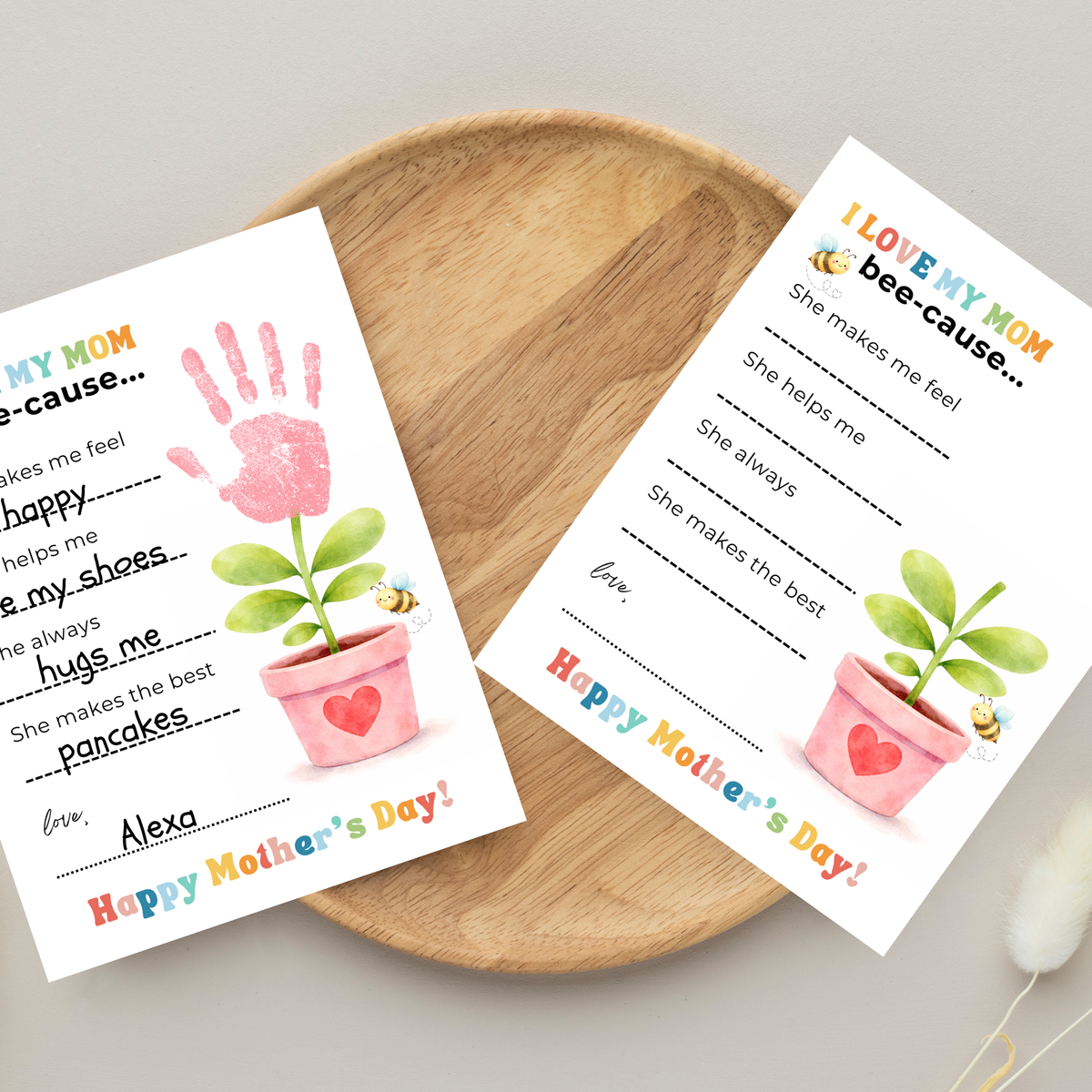 Mother’s Day Handprint Craft Printable | I Love My Mom Bee-cause Fill-in-the-Blank Keepsake | Preschool DIY Mom Gift | Kids Writing Activity PDF