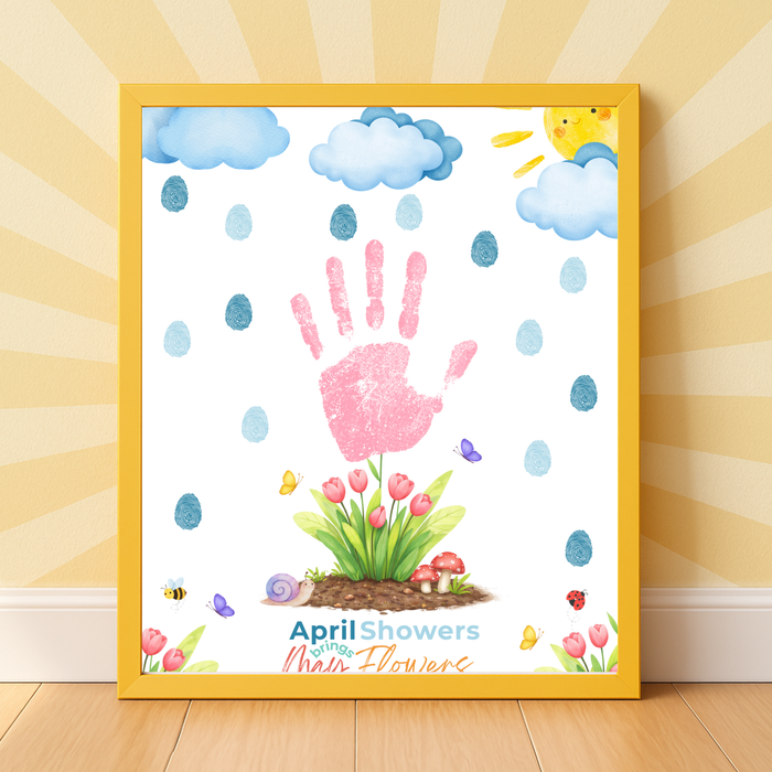 April Showers Bring May Flowers Handprint Craft Printable | Spring Preschool Activity | Fingerprint Raindrop Art | Kids Seasonal Keepsake PDF