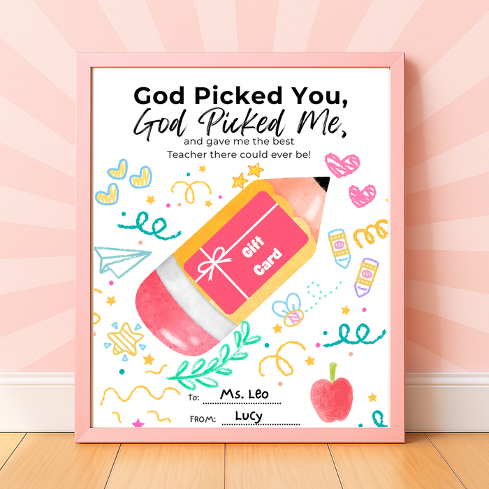 Christian Teacher Appreciation Gift Card Holder Printable, God Picked You God Picked Me Teacher Gift, End of School Teacher Thank You Card, Instant Download