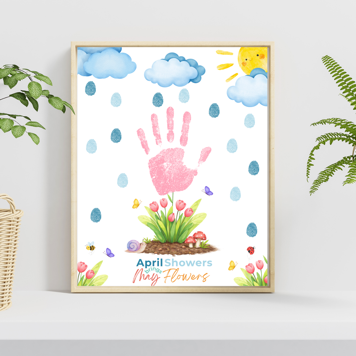 April Showers Bring May Flowers Handprint Craft Printable | Spring Preschool Activity | Fingerprint Raindrop Art | Kids Seasonal Keepsake PDF