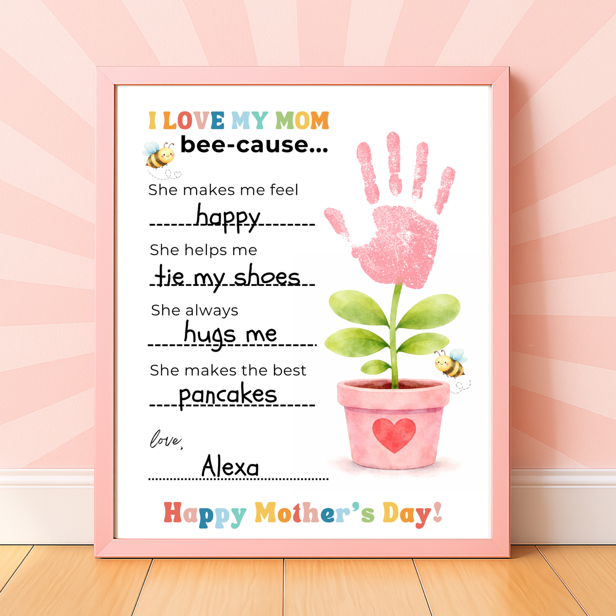 Mother’s Day Handprint Craft Printable | I Love My Mom Bee-cause Fill-in-the-Blank Keepsake | Preschool DIY Mom Gift | Kids Writing Activity PDF