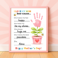 Mother’s Day Handprint Craft Printable | I Love My Mom Bee-cause Fill-in-the-Blank Keepsake | Preschool DIY Mom Gift | Kids Writing Activity PDF