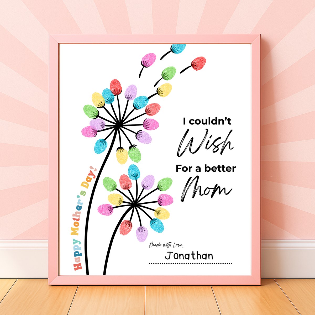 Mother’s Day Fingerprint Craft Printable | I Couldn’t Wish for a Better Mom Keepsake | Preschool DIY Mom Gift | Dandelion Fingerprint Art PDF