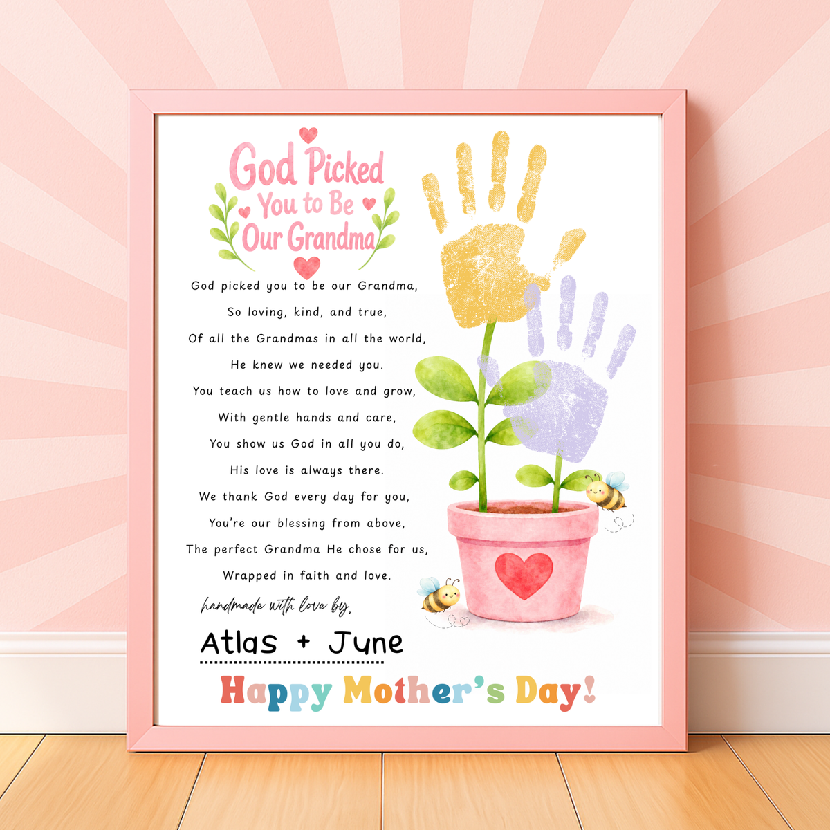 God Picked You to Be Our Grandma Handprint Craft Printable | Christian Mother’s Day Gift for Grandma | Flower Keepsake from Grandkids | Faith Based Grandma Gift