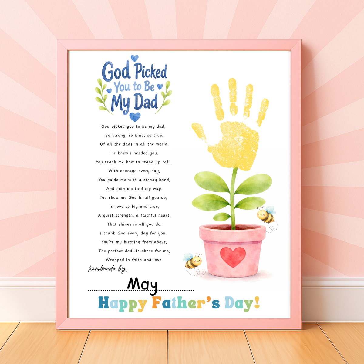 Christian Father’s Day Handprint Craft Printable | God Picked You to Be My Dad | Faith-Based Dad Keepsake Gift from Kids | Preschool DIY Handprint Art PDF