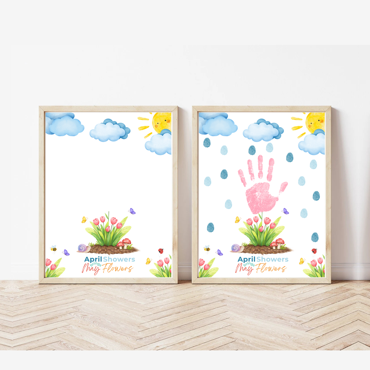 April Showers Bring May Flowers Handprint Craft Printable | Spring Preschool Activity | Fingerprint Raindrop Art | Kids Seasonal Keepsake PDF