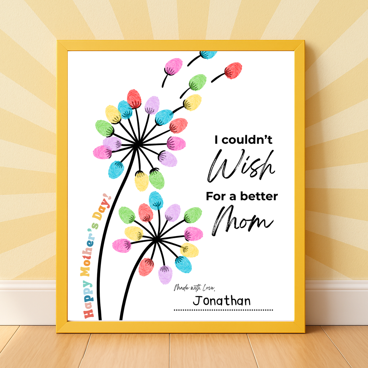 Mother’s Day Fingerprint Craft Printable | I Couldn’t Wish for a Better Mom Keepsake | Preschool DIY Mom Gift | Dandelion Fingerprint Art PDF