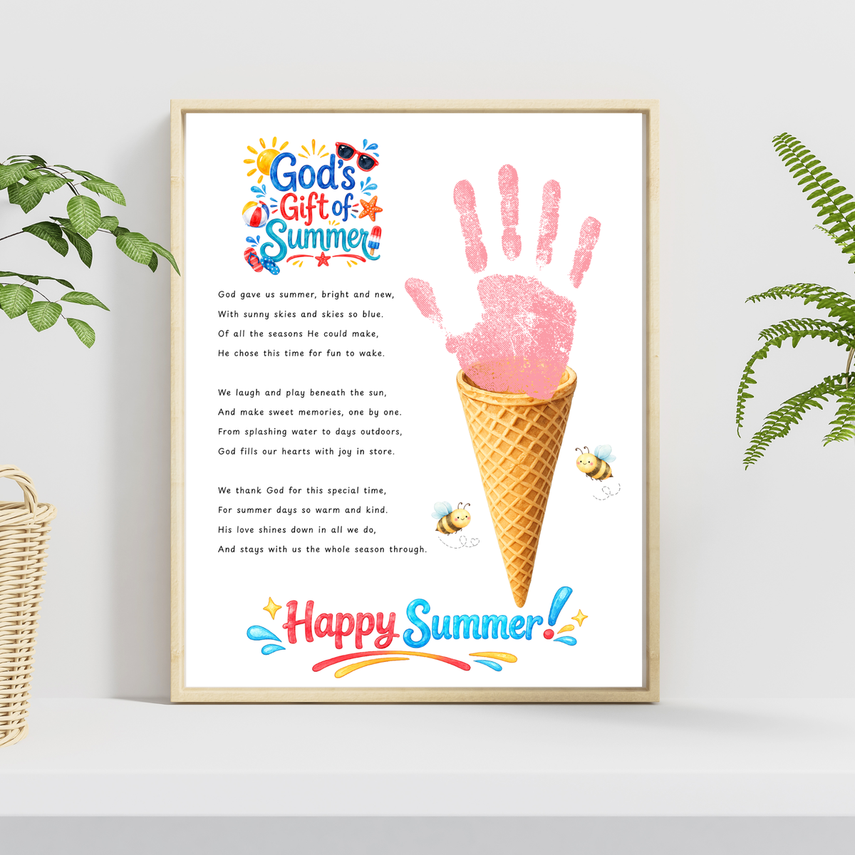 Christian Ice Cream Cone Handprint Craft Printable | God's Gift of Summer Keepsake Activity for Kids | Faith-Based Summer Craft