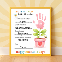 Mother’s Day Handprint Craft Printable | I Love My Mom Bee-cause Fill-in-the-Blank Keepsake | Preschool DIY Mom Gift | Kids Writing Activity PDF