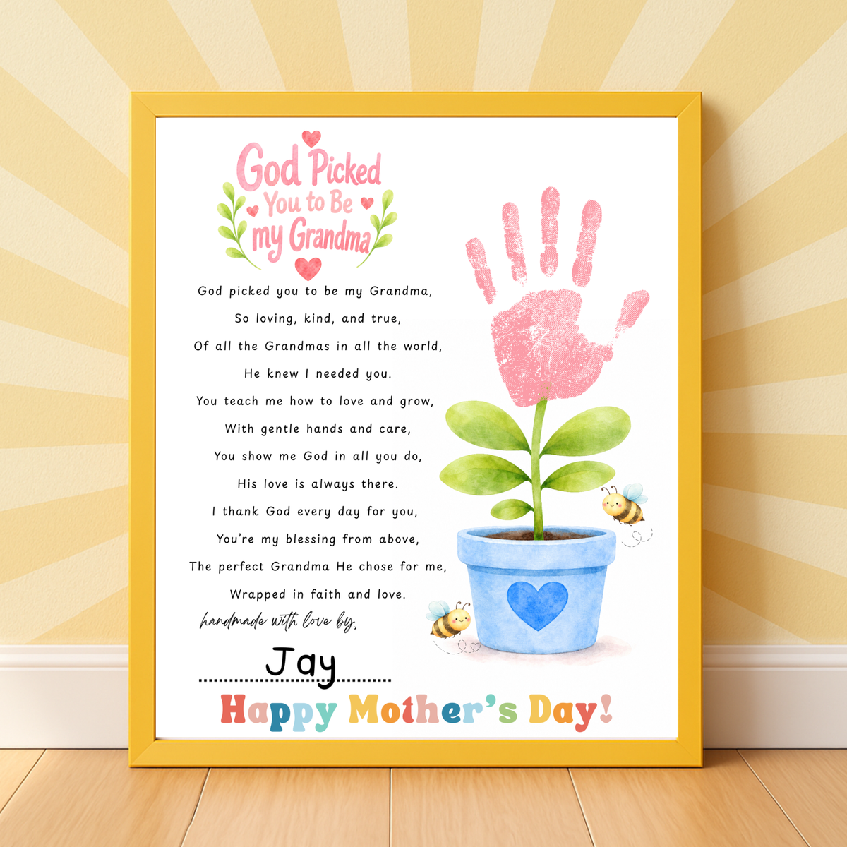 God Picked You to Be Our Grandma Handprint Craft Printable | Christian Mother’s Day Gift for Grandma | Flower Keepsake from Grandkids | Faith Based Grandma Gift