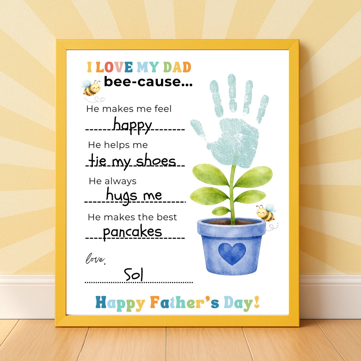 Father’s Day Handprint Craft Printable | I Love My Dad Bee-cause Worksheet | Fill-in-the-Blank Keepsake Gift from Kids | Preschool DIY Art PDF