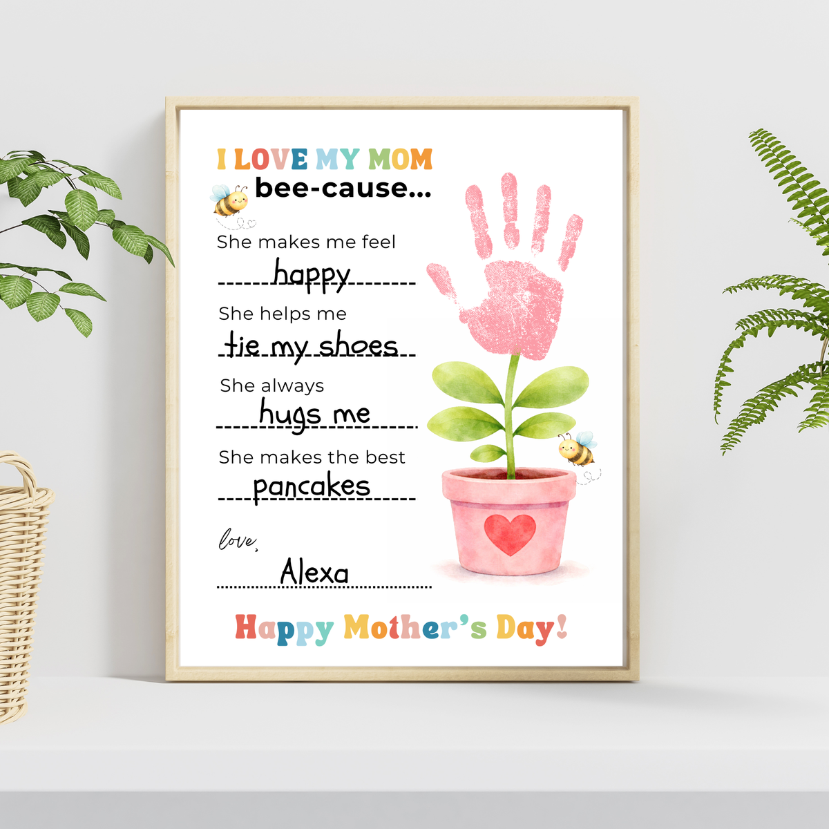 Mother’s Day Handprint Craft Printable | I Love My Mom Bee-cause Fill-in-the-Blank Keepsake | Preschool DIY Mom Gift | Kids Writing Activity PDF