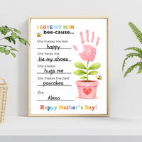 Mother’s Day Handprint Craft Printable | I Love My Mom Bee-cause Fill-in-the-Blank Keepsake | Preschool DIY Mom Gift | Kids Writing Activity PDF