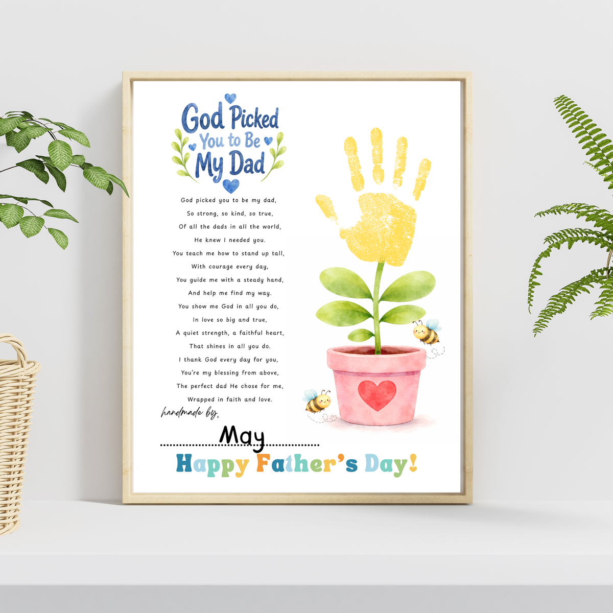 Christian Father’s Day Handprint Craft Printable | God Picked You to Be My Dad | Faith-Based Dad Keepsake Gift from Kids | Preschool DIY Handprint Art PDF