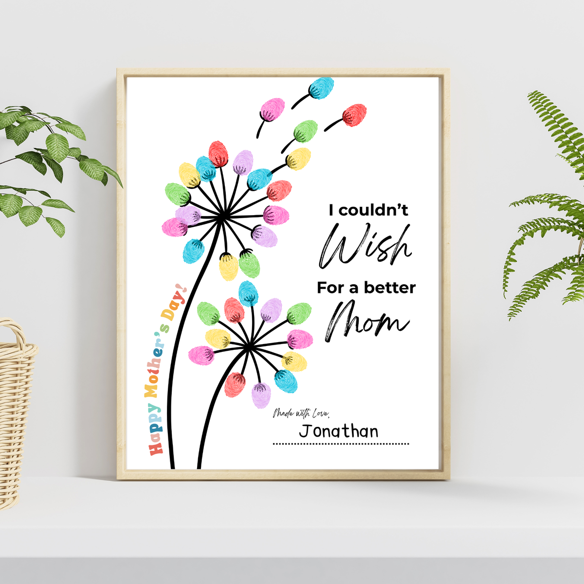 Mother’s Day Fingerprint Craft Printable | I Couldn’t Wish for a Better Mom Keepsake | Preschool DIY Mom Gift | Dandelion Fingerprint Art PDF