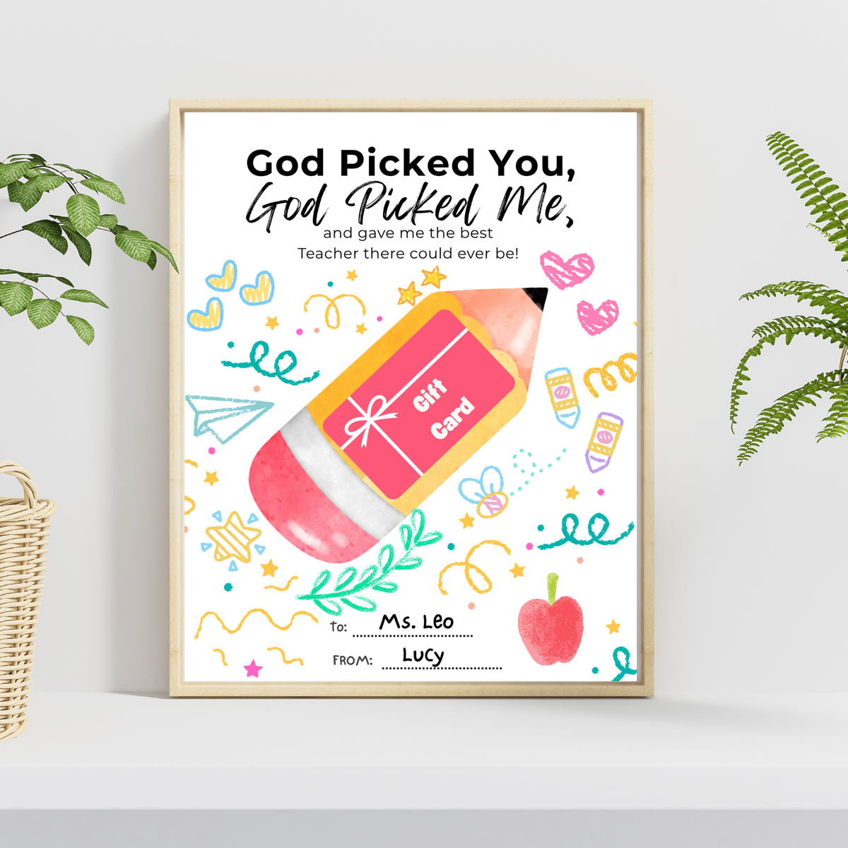Christian Teacher Appreciation Gift Card Holder Printable, God Picked You God Picked Me Teacher Gift, End of School Teacher Thank You Card, Instant Download